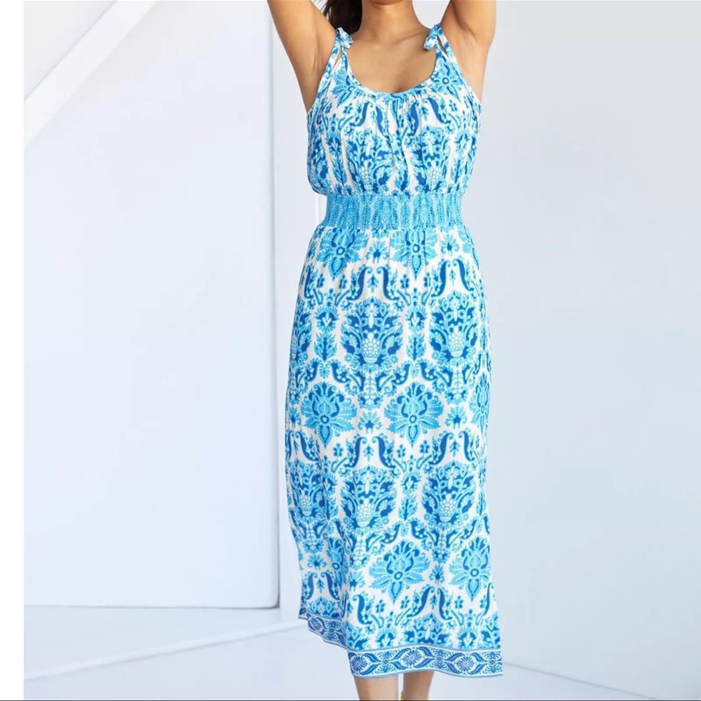 Anthropologie Aqua and White Patterned Maxi Dress